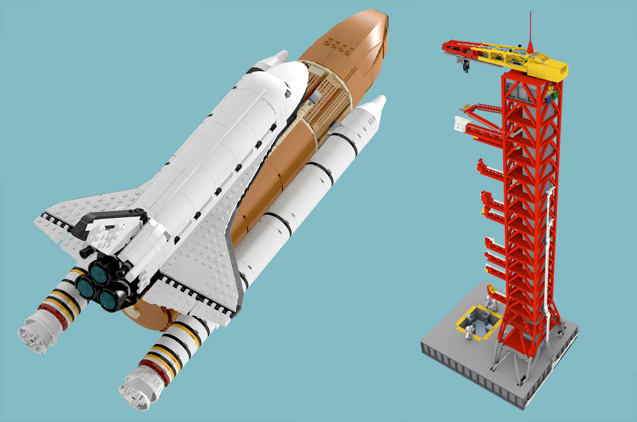 lego shuttle next to saturnn v